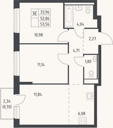 Планировка: 3-к, 52,9 м²