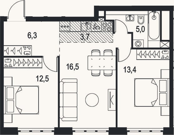 Планировка: 3-к, 57,4 м²