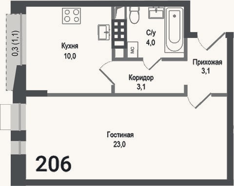 Планировка: 1-к, 43,2 м²
