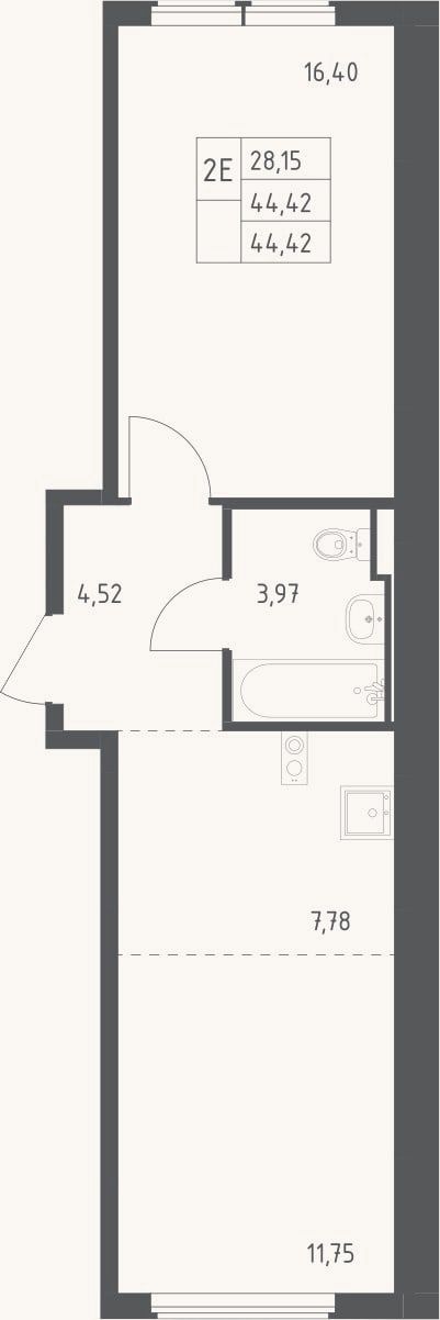 Планировка: 2-к, 44,4 м²