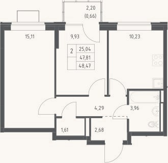 Планировка: 2-к, 47,8 м²
