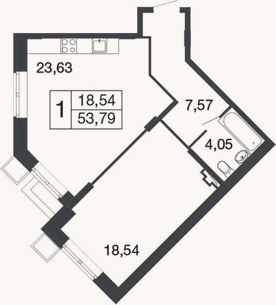 Планировка: 1-к, 53,8 м²