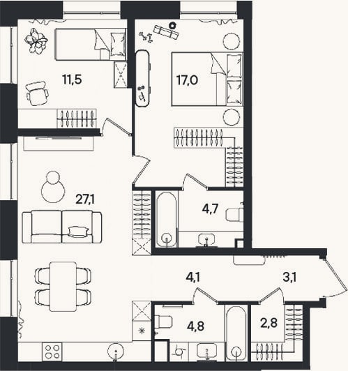 Планировка: 3-к, 75,1 м²