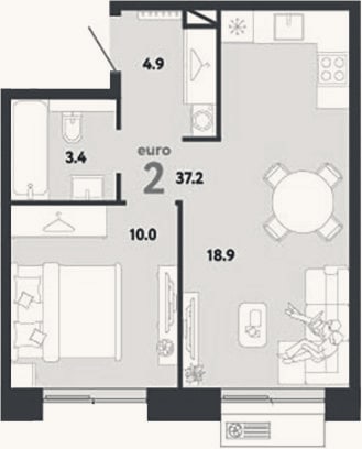 Планировка: 2-к, 37,2 м²