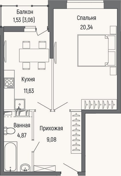 Планировка: 1-к, 45,9 м²