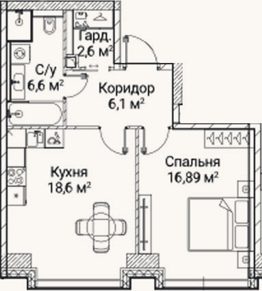 Планировка: 1-к, 50,8 м²
