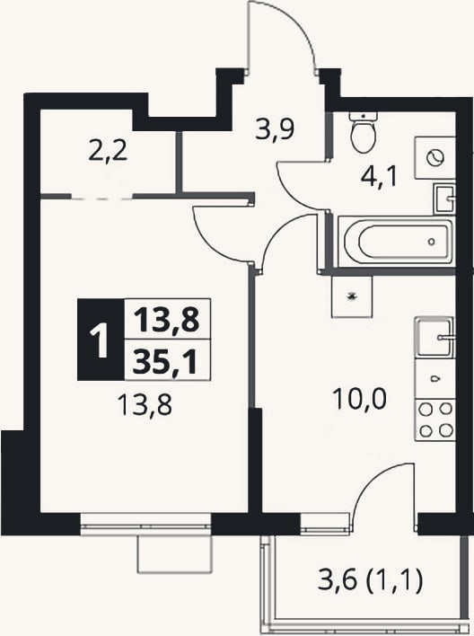 Планировка: 1-к, 34 м²
