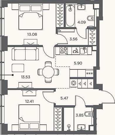 Планировка: 3-к, 61,9 м²