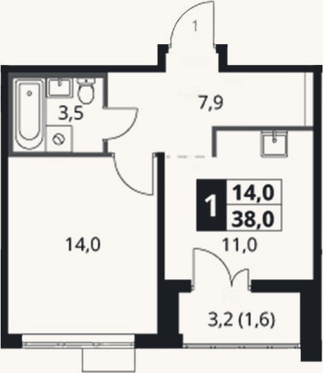 Планировка: 1-к, 36,4 м²