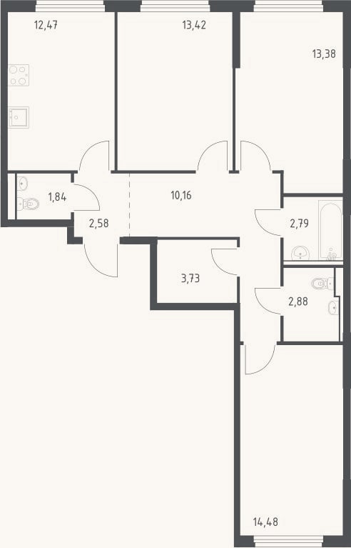 Планировка: 3-к, 77,7 м²