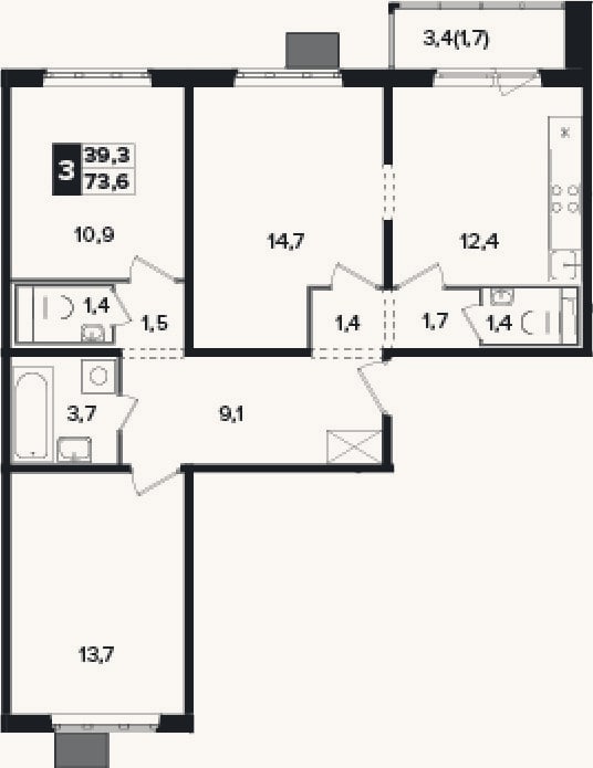 Планировка: 3-к, 71,9 м²