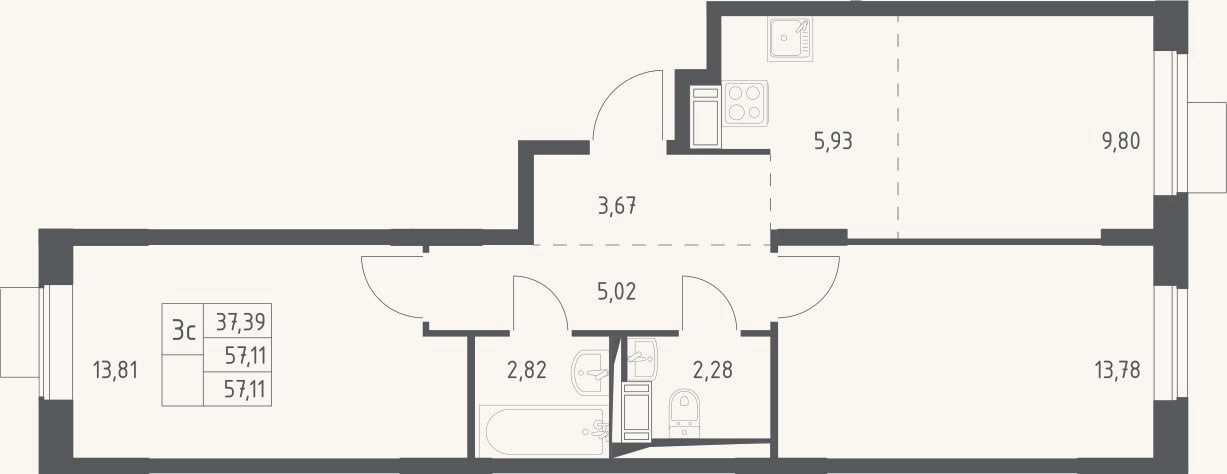 Планировка: 3-к, 57,1 м²