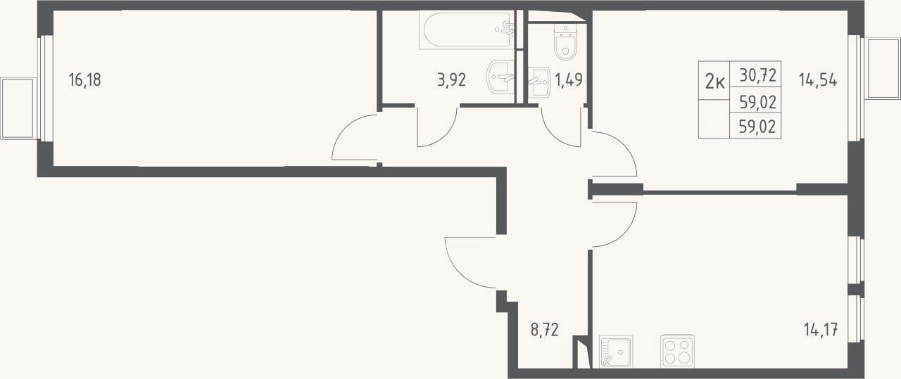 Планировка: 2-к, 59 м²