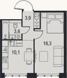 Планировка: 1-к, 33,9 м²