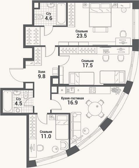 Планировка: 4+ к, 87,8 м²