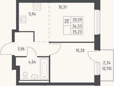 Планировка: 2-к, 34,5 м²