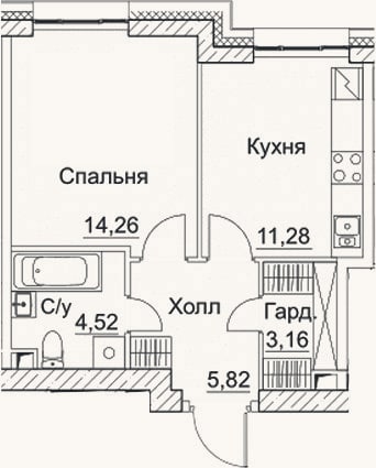 Планировка: 1-к, 39 м²