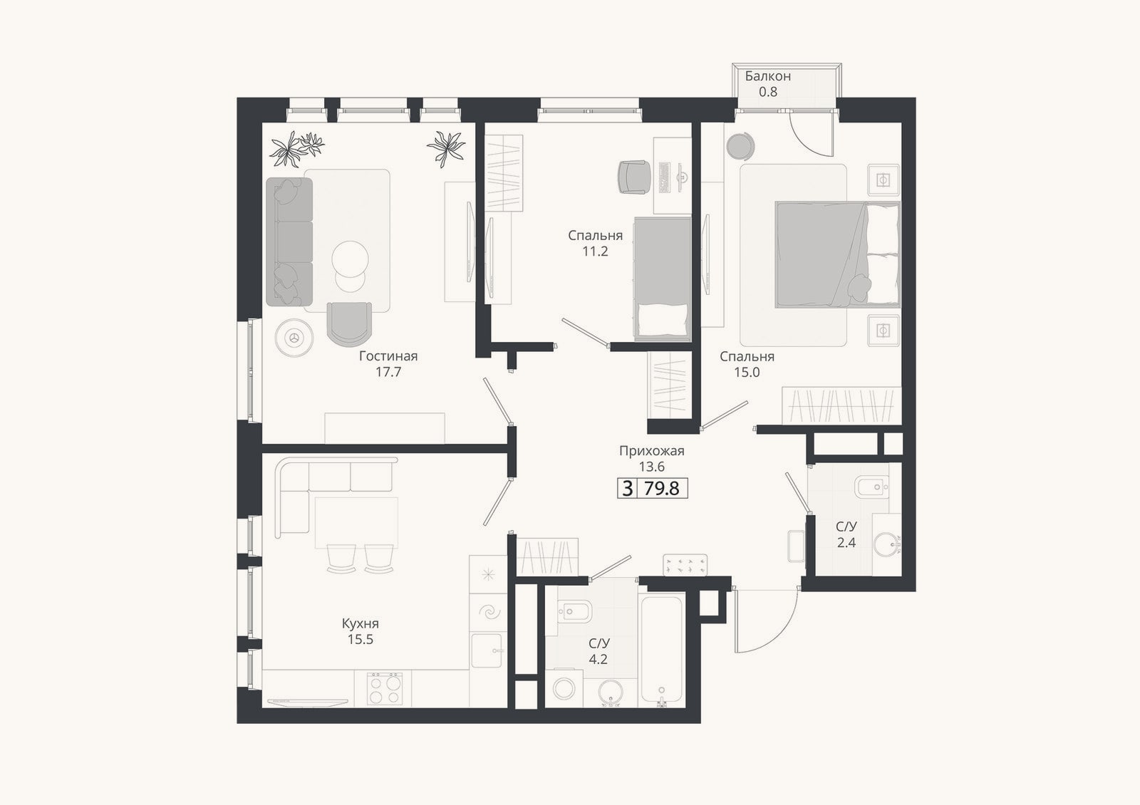Планировка: 3-к, 79,6 м²
