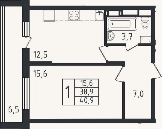 Планировка: 1-к, 38,9 м²
