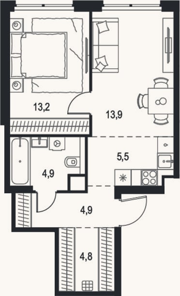 Планировка: 2-к, 47,2 м²