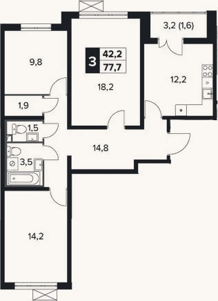 Планировка: 3-к, 76,1 м²