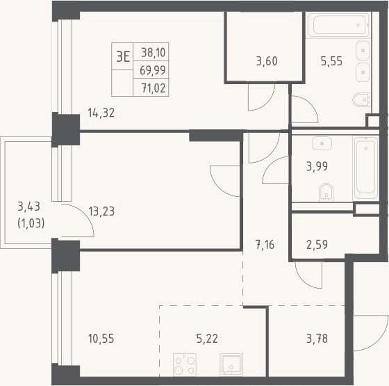 Планировка: 3-к, 70 м²