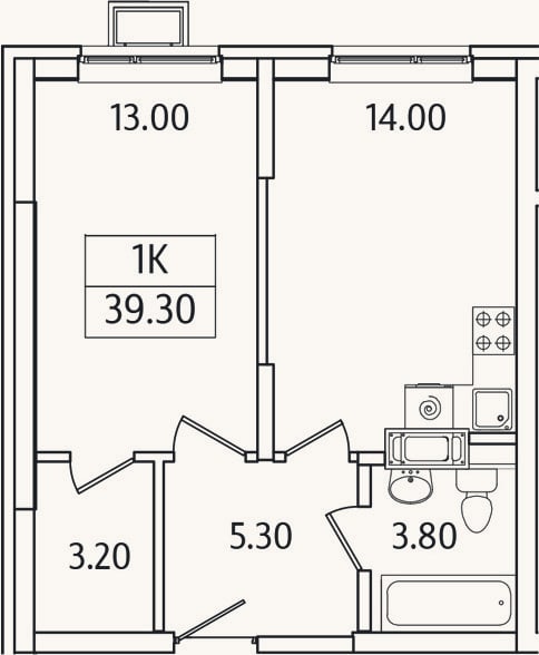 Планировка: 1-к, 39,3 м²