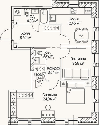 Планировка: 2-к, 65,5 м²