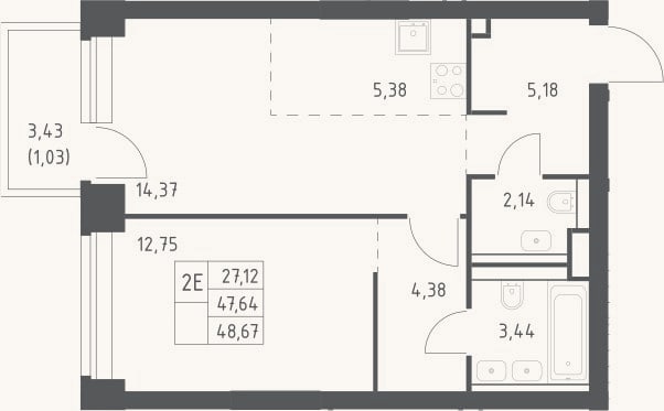 Планировка: 2-к, 47,6 м²