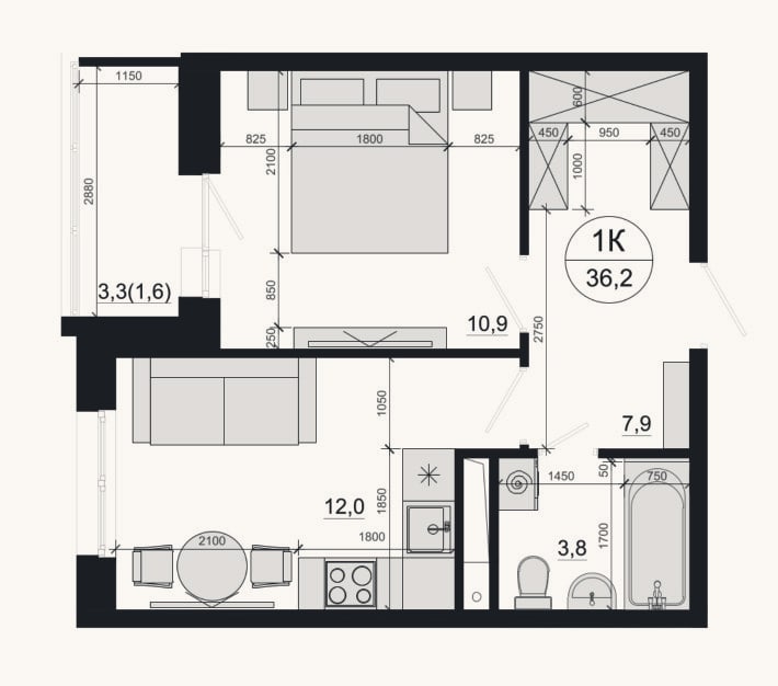 Планировка: 1-к, 34,6 м²