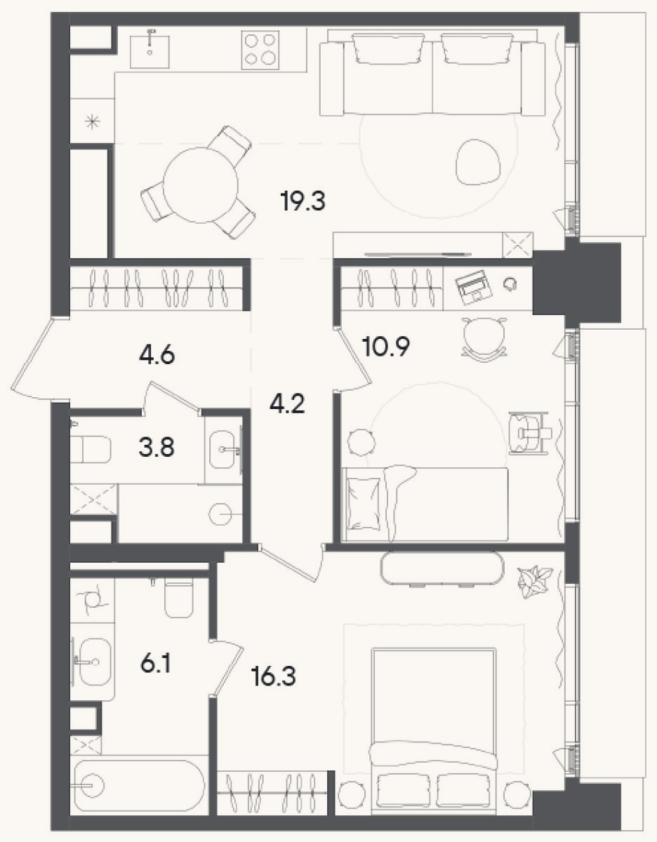 Планировка: 3-к, 65,1 м²