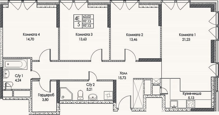 Планировка: 4+ к, 97,1 м²