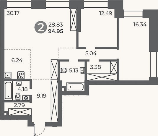 Планировка: 2-к, 95 м²