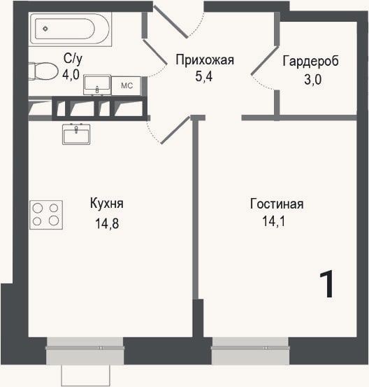Планировка: 1-к, 41,3 м²