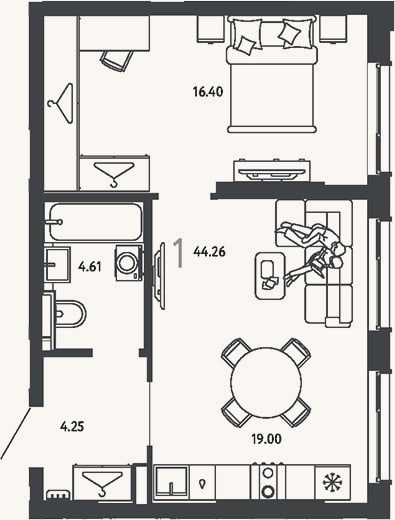 Планировка: 1-к, 44,3 м²