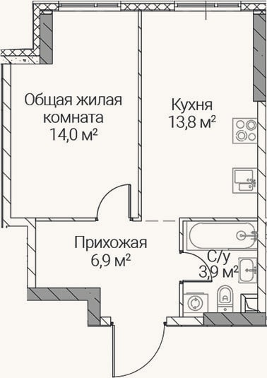 Планировка: 1-к, 38,6 м²