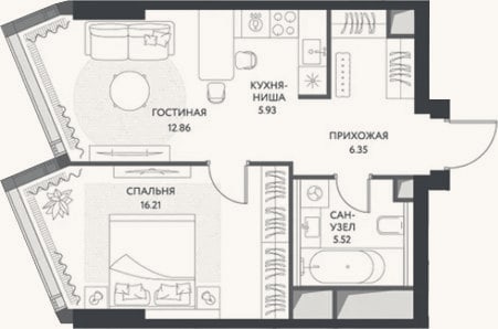 Планировка: 2-к, 46,9 м²