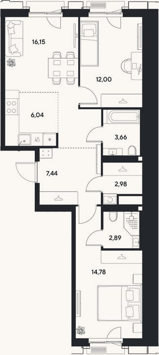 Планировка: 3-к, 65,9 м²