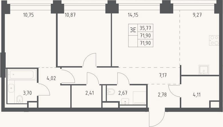 Планировка: 3-к, 71,9 м²