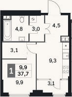 Планировка: 1-к, 34,6 м²