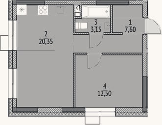 Планировка: 2-к, 43,6 м²