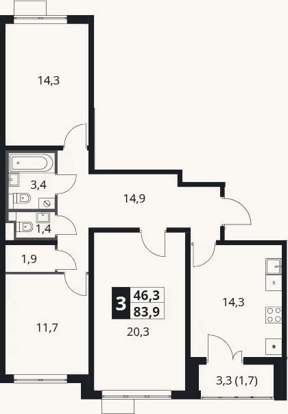 Планировка: 3-к, 82,2 м²