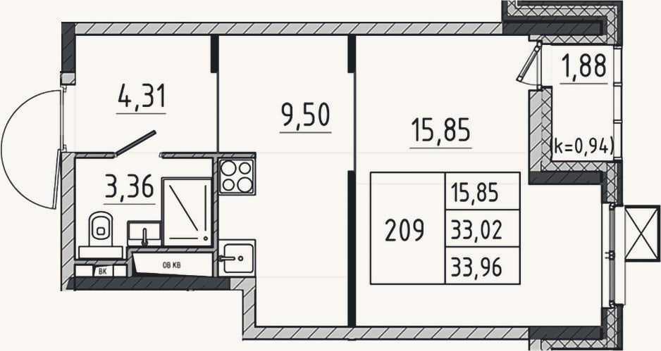 Планировка: Студия, 33 м²