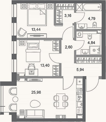 Планировка: 2-к, 74,1 м²