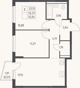 Планировка: 3-к, 52,4 м²