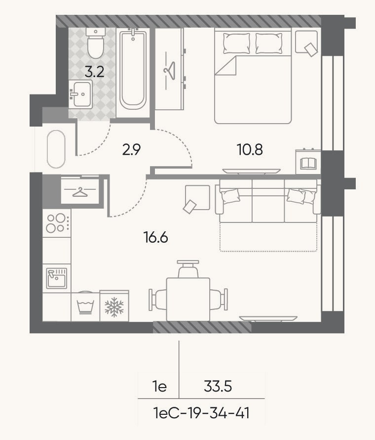 Планировка: 2-к, 33,5 м²