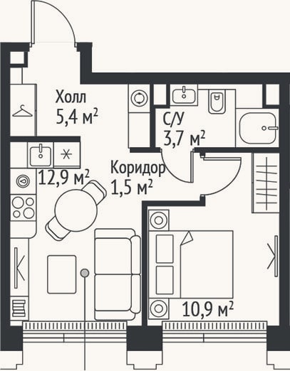 Планировка: 2-к, 34,4 м²