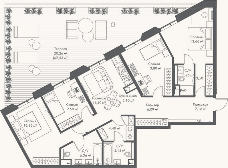 Планировка: 4+ к, 105,5 м²