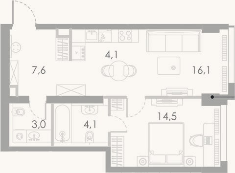 Планировка: 2-к, 49,4 м²