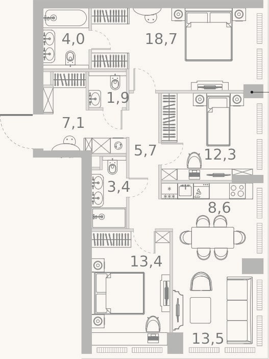 Планировка: 4+ к, 88,6 м²
